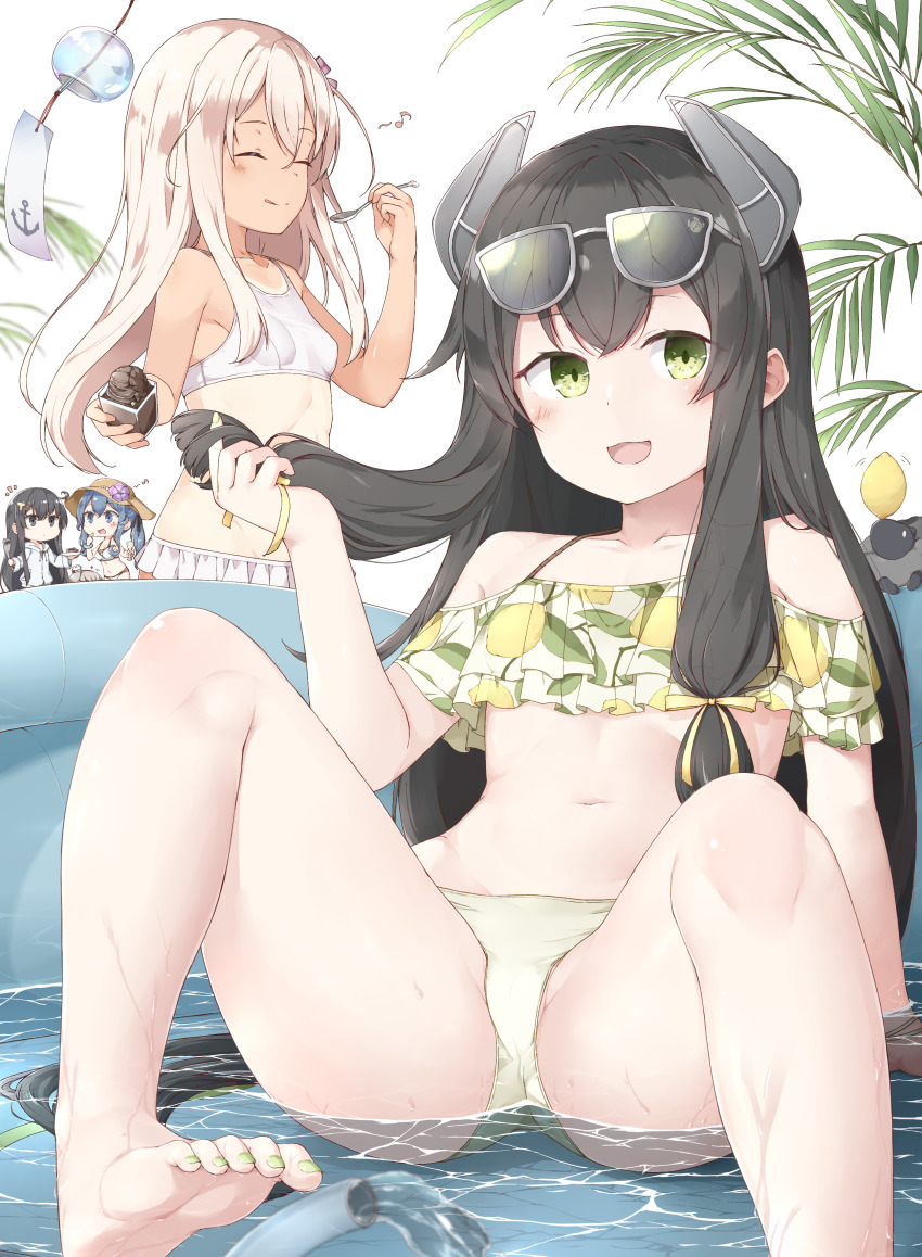1other, 5girls, :d, ^_^, absurdres, anchor_symbol, animal, bikini, black_eyes, black_hair, blonde_hair, blue_eyes, blue_hair, blush, closed_eyes, collarbone, eighth_note, eyewear_on_head, female_admiral_(kancolle), flower, food, food_print, frilled_bikini, frills, fruit, fruit_print, gotland_(kancolle), green_eyes, green_nails, groin, hair_between_eyes, hat, headgear, highres, holding, holding_spoon, hood, hooded_jacket, i-47_(kancolle), i-47_(swimsuit)_(kancolle), ice_cream, jacket, kantai_collection, lemon, lemon_print, light_brown_hair, long_hair, long_sleeves, mini_hat, motion_lines, multiple_girls, musical_note, nail_polish, navel, open_mouth, pola_(kancolle), purple_flower, ro-500_(kancolle), ro-500_(swimsuit)_(kancolle), sheep, smile, sparkle, spoon, sunglasses, swimsuit, toenail_polish, toenails, tongue, tongue_out, water, white_bikini, white_headwear, white_jacket, wind_chime, yui_(seiga)