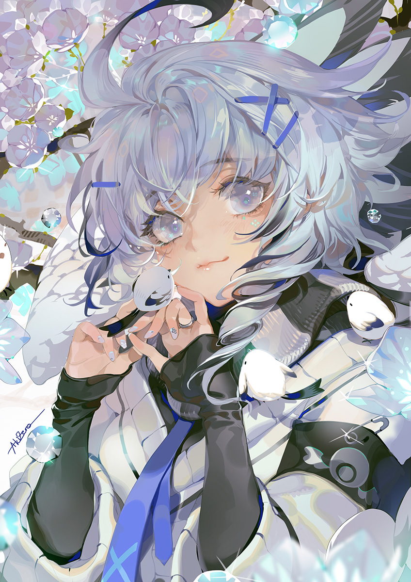 1girl, ahoge, akizero1510, armband, bird, bird_on_hand, blanc_(hen-tie), blue_eyes