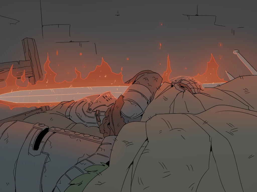 1boy, 1other, 500_dollar_four_foot_tall_mareep_(meme), armor, bammyblabs, bed, blanket, brown_capelet, capelet, chosen_undead, commentary, dark_souls_(series), dark_souls_i, fire, flaming_weapon, gauntlets, greatsword, helmet, hugging_object, indoors, lying, meme, pauldrons, pillow, shoulder_armor, solaire_of_astora, sword, under_covers, upper_body, wall, weapon, zweihander