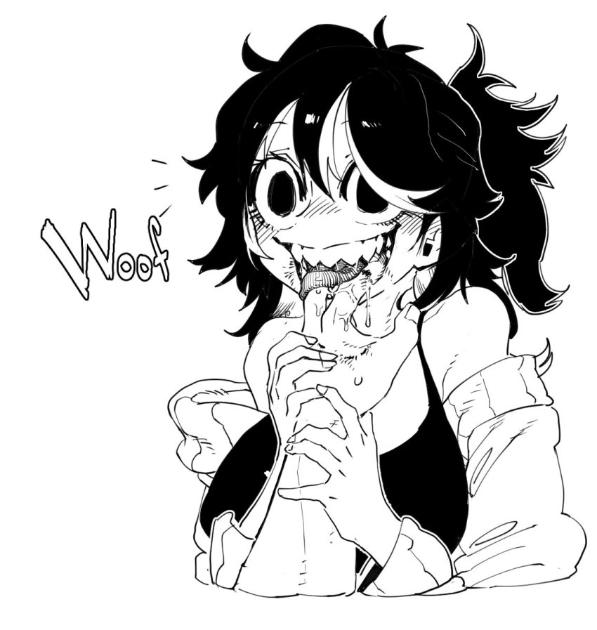 1girl, 1other, :d, bare_shoulders, bite_mark, blush, copyright_request, finger_in_another's_mouth, licking_finger, fingernails, greyscale, hand_up, highres, holding, licking, monochrome, multicolored_hair, notice_lines, open_mouth, ponytail, saliva, sharp_teeth, simple_background, smile, solo_focus, ssambatea, streaked_hair, teeth, white_background, woof