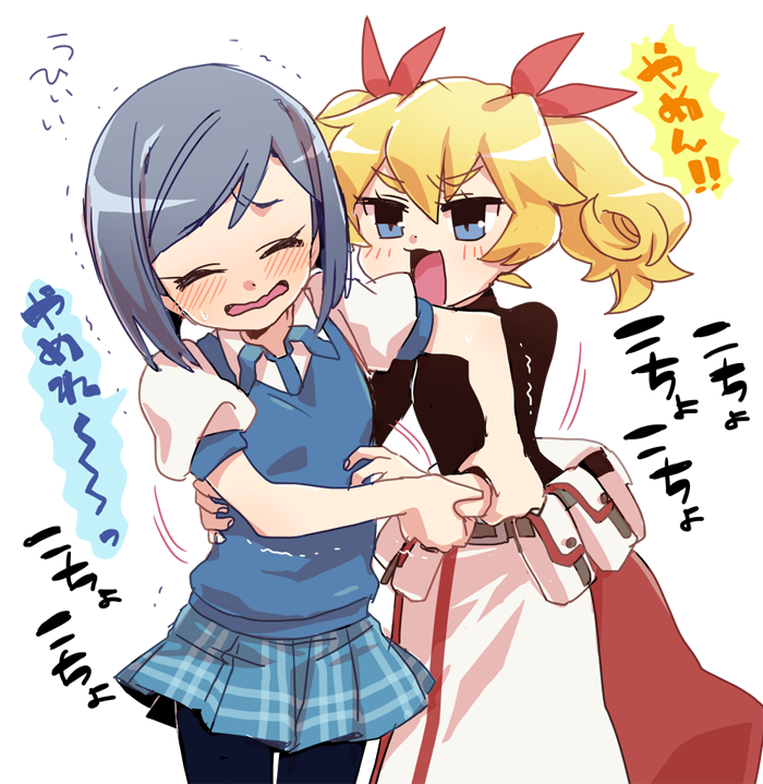 2girls, :d, blonde_hair, blue_eyes, blue_hair, blue_skirt, blush, collared_shirt
