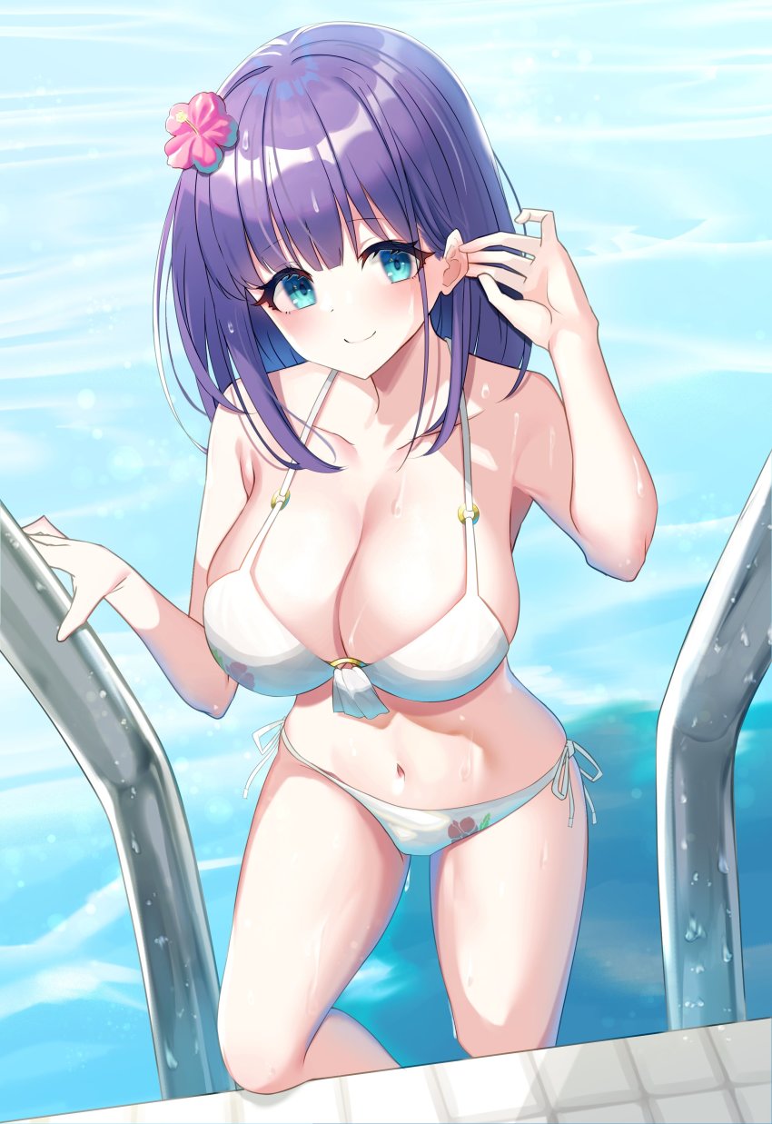 1girl, absurdres, amrita_(amber78gou), bare_shoulders, bikini, blue_eyes, blush, breasts