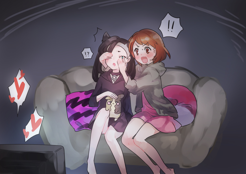 !, !!, !?, 2girls, asymmetrical_bangs, barefoot, black_choker, black_hair, blush, bob_cut, brown_eyes, brown_hair, cardigan, choker, commentary_request, couch, covering_another's_eyes, dress, gen_8_pokemon, gloria_(pokemon), grey_cardigan, heart, highres, implied_yuri, knees, marnie_(pokemon), may_salamanya, morpeko, morpeko_(full), multiple_girls, nintendo, on_lap, pink_dress, pokemon, pokemon_(creature), pokemon_on_lap, pokemon_sword_and_shield, short_hair, sitting, spoken_exclamation_mark, spoken_heart, spoken_interrobang, television, three-quarter_sleeves