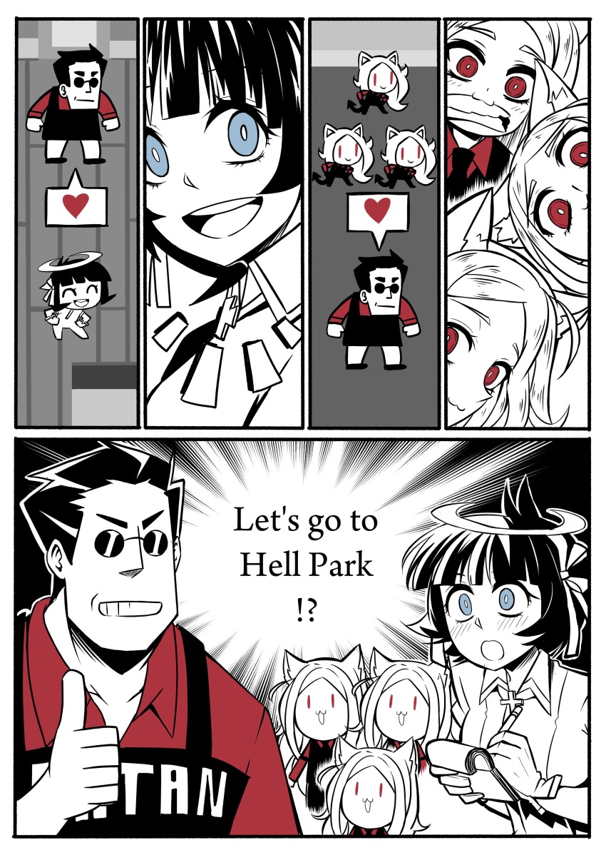 4girls, absurdres, animal_ears, azazel_(helltaker), blouse, cerberus_(helltaker), comic, demon_girl