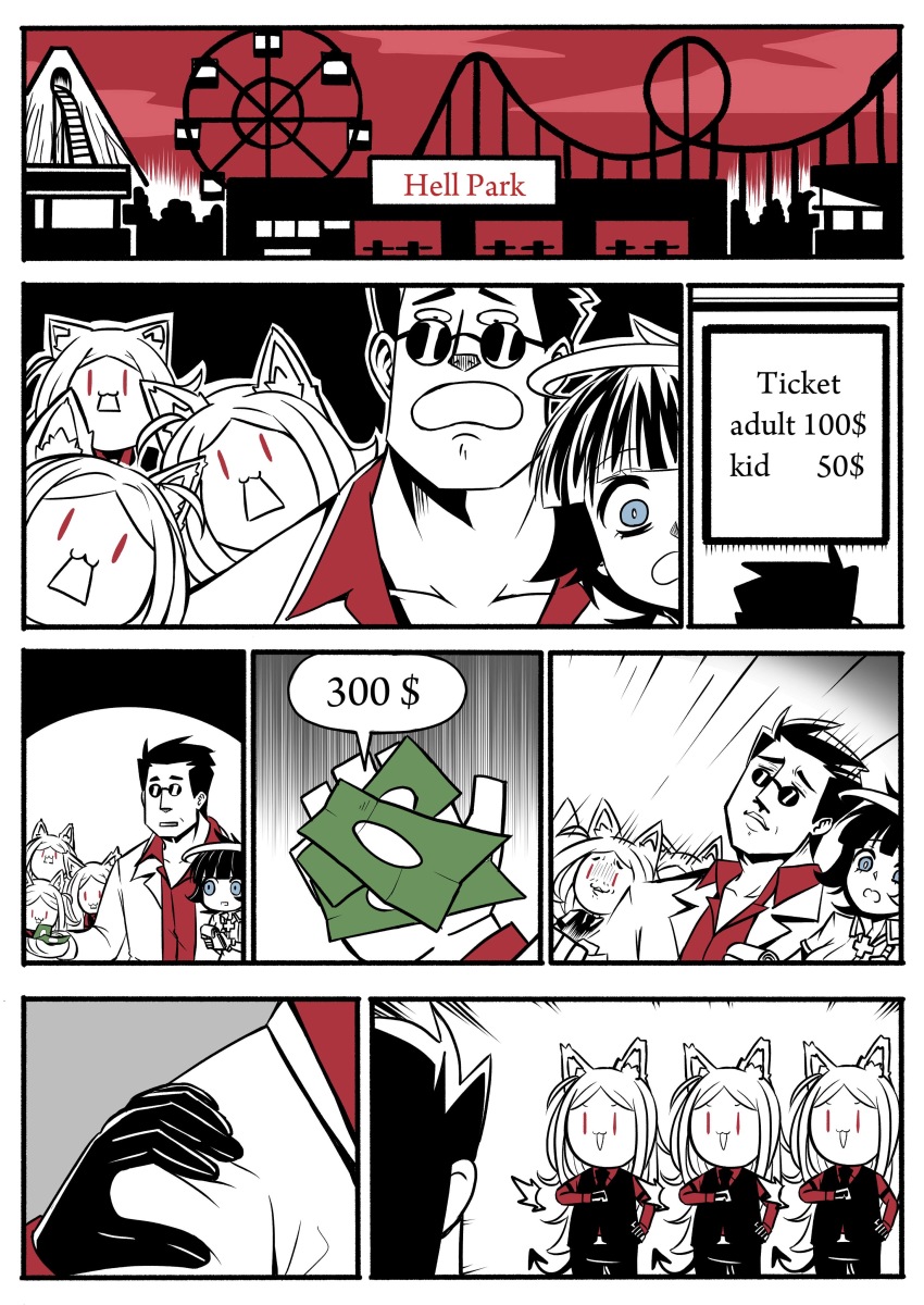 4girls, absurdres, animal_ears, azazel_(helltaker), blouse, cerberus_(helltaker), comic, demon_girl