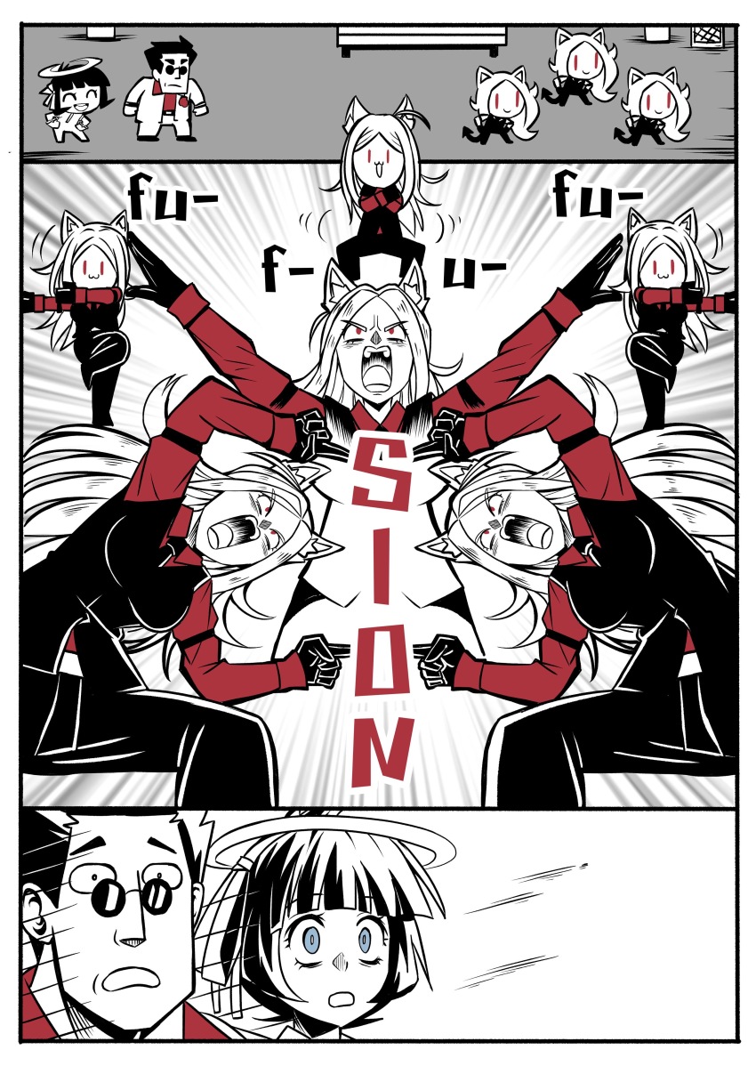 1boy, 3koma, 4girls, absurdres, angel_girl, animal_ears, azazel_(helltaker), black_hair, blouse, breasts, cerberus_(helltaker), comic, demon_girl, demongem, dragon_ball, english_text, fusion_dance, glasses, gloves, halo, helltaker, helltaker_(character), highres, long_hair, looking_at_another, money, multiple_girls, open_mouth, parody, red_shirt, shirt, short_hair, silent_comic, spot_color, standing, style_parody, theme_park, toriyama_akira_(style), white_hair