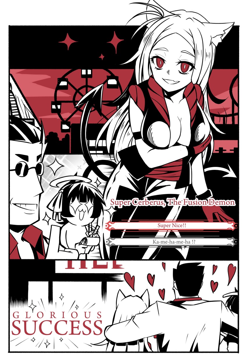 4girls, absurdres, animal_ears, azazel_(helltaker), blouse, breasts, cerberus_(helltaker), cleavage, comic, demon_girl, demongem, dragon_ball, fusion, glasses, helltaker, helltaker_(character), highres, money, multiple_girls, red_shirt, shirt, silent_comic, theme_park