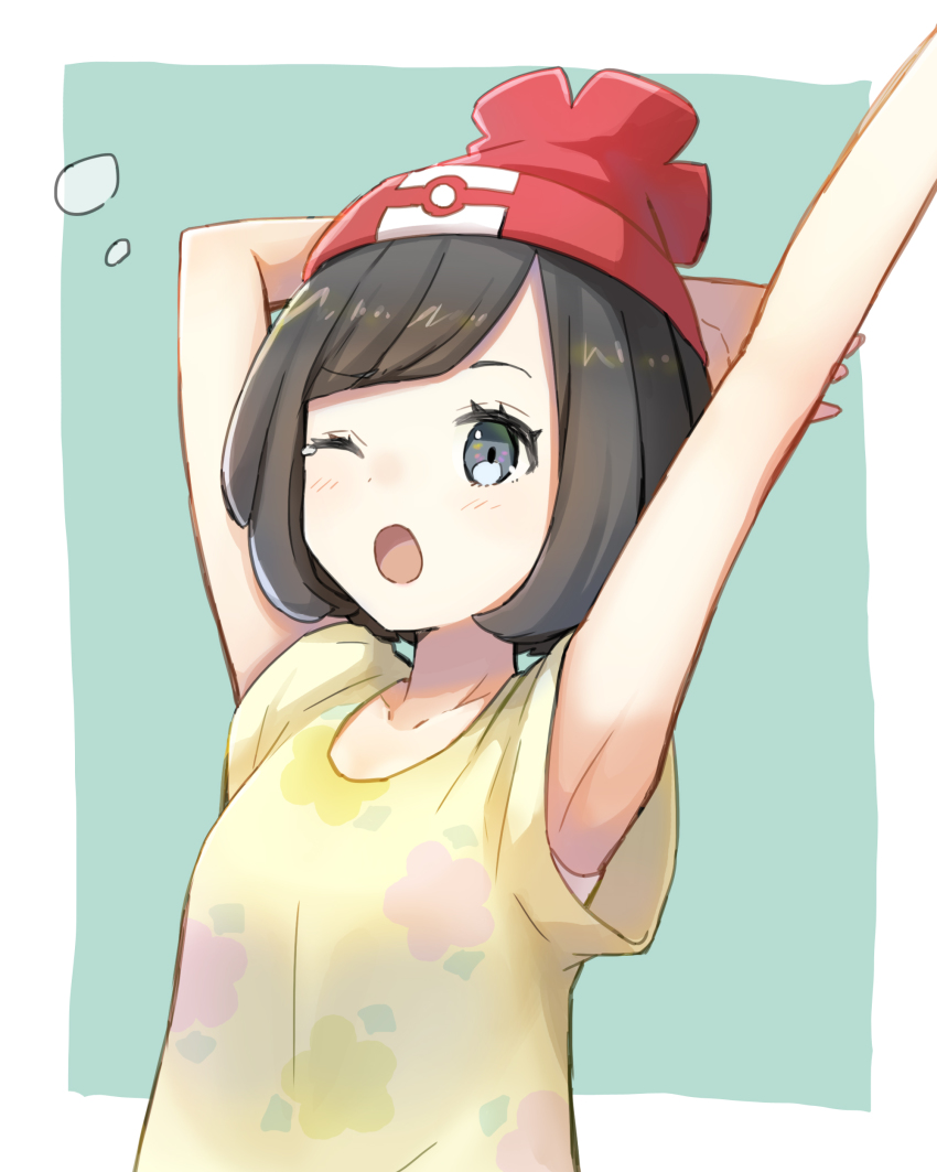 1girl, absurdres, armpits, arms_up, beanie, black_hair, blush, commentary_request