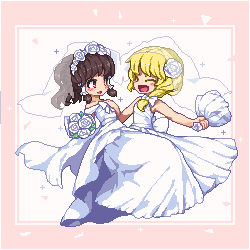 2girls, blonde_hair, blush_stickers, border, bouquet, bow, braid, bridal_veil