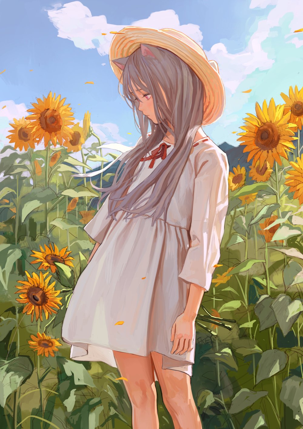 1girl, animal_ears, arms_at_sides, artist_name, cat_ears, day, dress, feet_out_of_frame