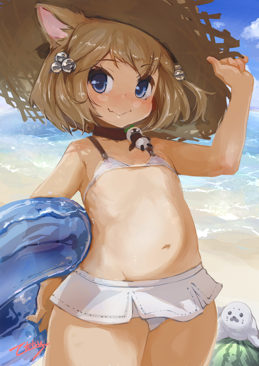 1girl, animal, animal_ears, banubeefriends, bare_arms, bare_shoulders, beach, bell, bikini, black_choker, blue_eyes, blue_sky, brown_headwear, cat_ears, choker, closed_mouth, cowboy_shot, day, final_fantasy, final_fantasy_xiv, flat_chest, food, fruit, groin, hair_bell, hair_ornament, hand_on_headwear, hand_on_own_hip, hat, highres, innertube, jingle_bell, khloe_aliapoh, legs_together, light_brown_hair, loli, mandragora_(final_fantasy), miqo'te, navel, outdoors, seal_(animal), short_hair, signature, sky, smile, straw_hat, swim_ring, swimsuit, thighs, water, watermelon, white_bikini