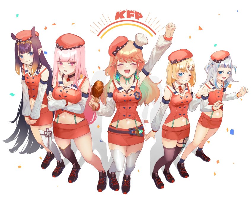 5girls, :d, absurdres, arm_up, beret, black_legwear, blonde_hair, blue_eyes, blue_hair, blue_nails, blush, breasts, chicken_(food), chicken_leg, closed_eyes, commentary, confetti, cosplay, crossed_arms, detached_collar, detached_sleeves, english_commentary, flat_chest, from_above, full_body, gawr_gura, gradient_hair, green_hair, green_ribbon, grey_hair, grin, hair_ornament, hat, highres, hololive, hololive_english, holomyth, interlocked_fingers, long_hair, long_sleeves, medium_breasts, medium_hair, midriff, mori_calliope, multicolored_hair, multiple_girls, nail_polish, navel, neck_ribbon, necktie, ninomae_ina'nis, one_eye_closed, open_mouth, orange_hair, own_hands_together, pink_eyes, pink_hair, pointy_ears, purple_hair, red_neckwear, ribbon, sharp_teeth, short_necktie, simple_background, single_thighhigh, smile, standing, streaked_hair, syringe, takanashi_kiara, takanashi_kiara_(1st_costume), takanashi_kiara_(cosplay), teeth, tentacle_hair, thighhighs, thighs, two_side_up, uniform, v, very_long_hair, virtual_youtuber, watson_amelia, white_background, white_thighhighs, yunare, zettai_ryouiki