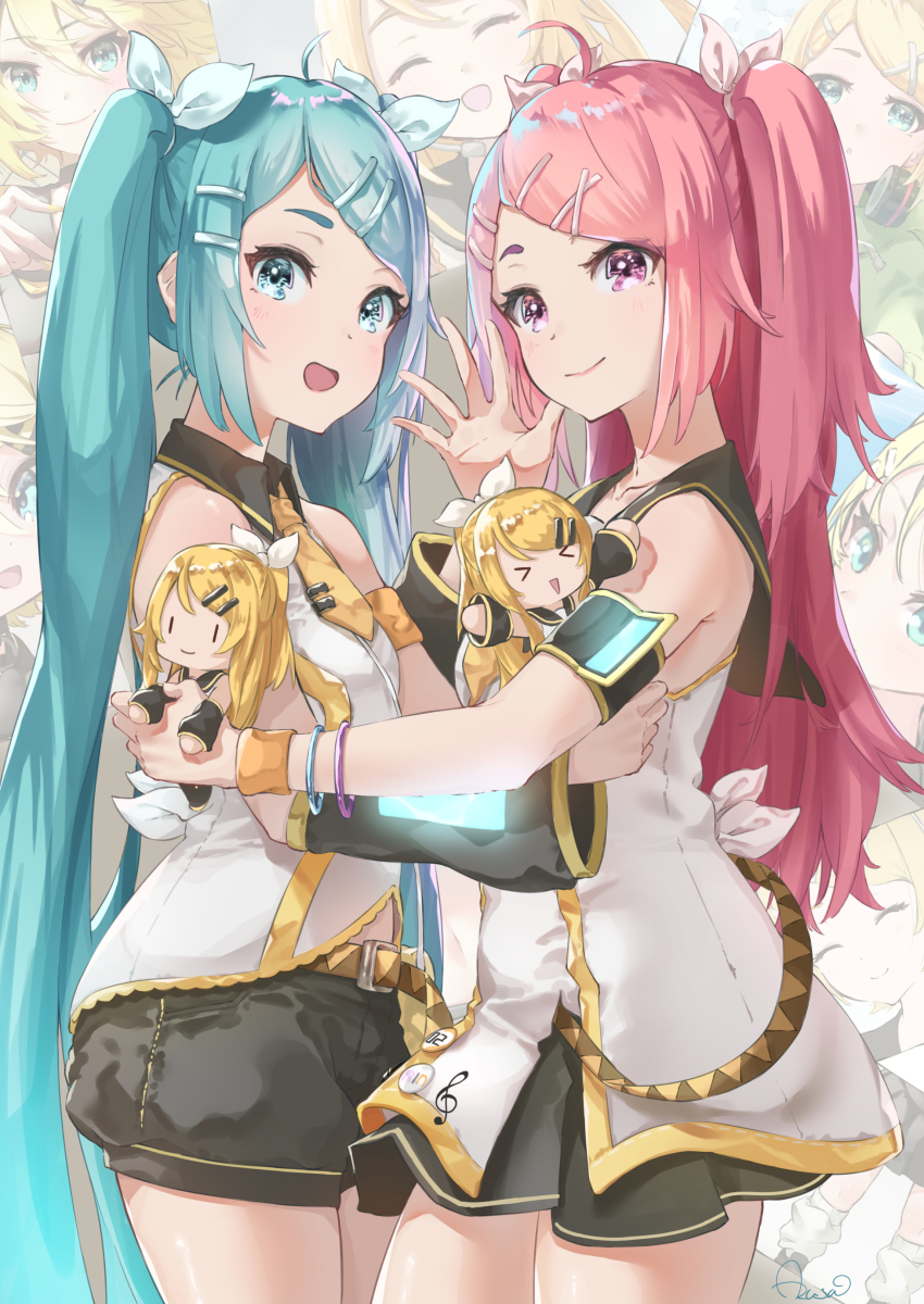 >_<, 4girls, absurdres, aqua_eyes, aqua_hair, arm_warmers, armband, azusa_(azunyan12)