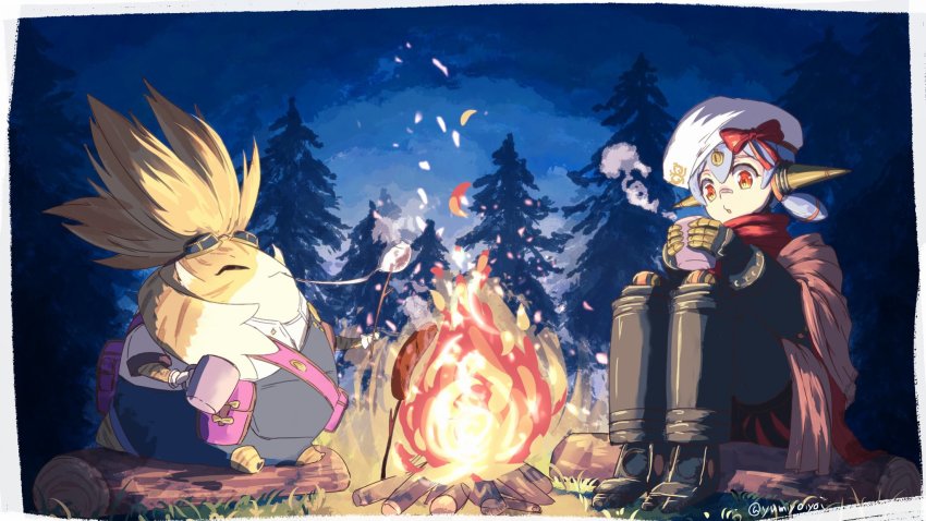 1boy, 1girl, android, cup, food, forest, goggles, goggles_on_head