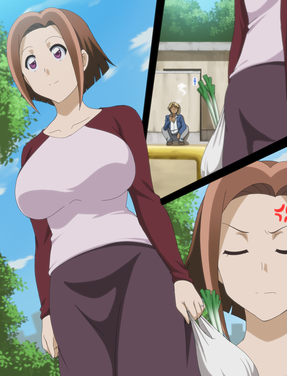 1girl, anger_vein, ass, bag, breasts, brown_hair, cigarette, closed_eyes