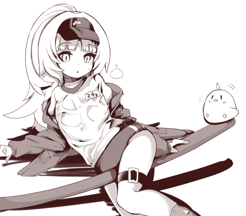 1girl, animal, azur_lane, baby_animal, between_thighs, bird, buruma, character_name