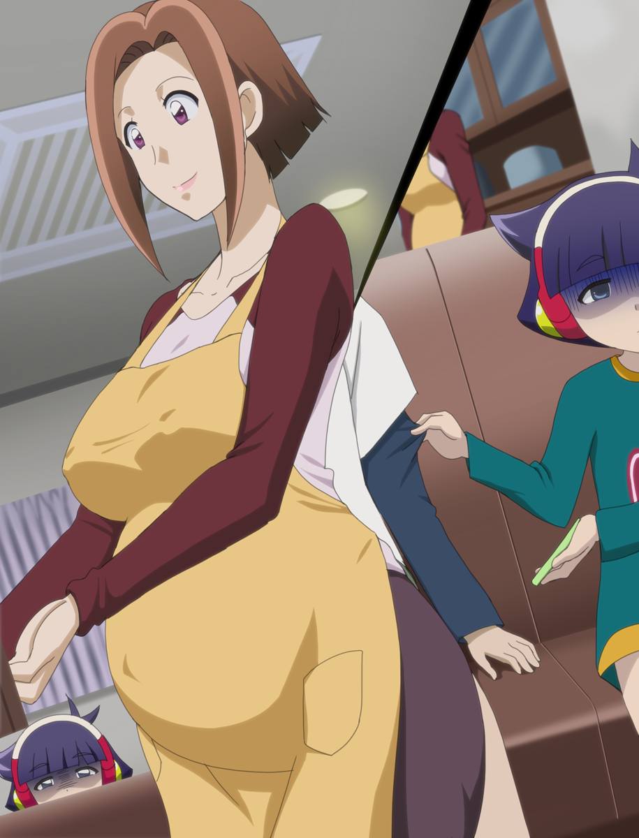 2girls, apron, blue_eyes, breasts, brown_hair, cellphone, closed_mouth, couch, covered_erect_nipples, dress, expressionless, happy, hayasugi_haruka, hayasugi_sakura, headphones, highres, indoors, large_breasts, legs, looking_down, makino_tomoyasu, mature_female, mother_and_child, mother_and_daughter, multiple_girls, multiple_views, parent_and_child, phone, pink_eyes, pregnant, shinkalion_(series), shinkansen_henkei_robo_shinkalion, short_hair, sitting, skirt, smile, standing, thighs