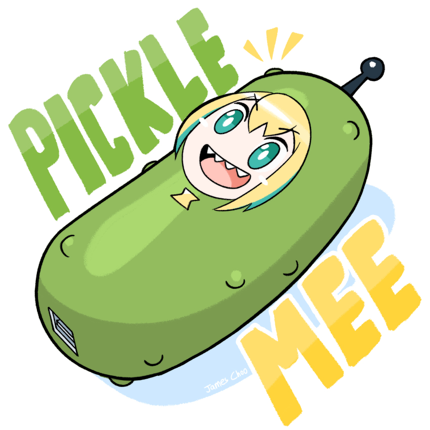 1girl, absurdres, amano_pikamee, artist_name, blonde_hair, blue_eyes, highres, james_choo, meme, objectification, open_mouth, pickle, pun, rick_and_morty, sharp_teeth, simple_background, solo, teeth, virtual_youtuber, voms, white_background