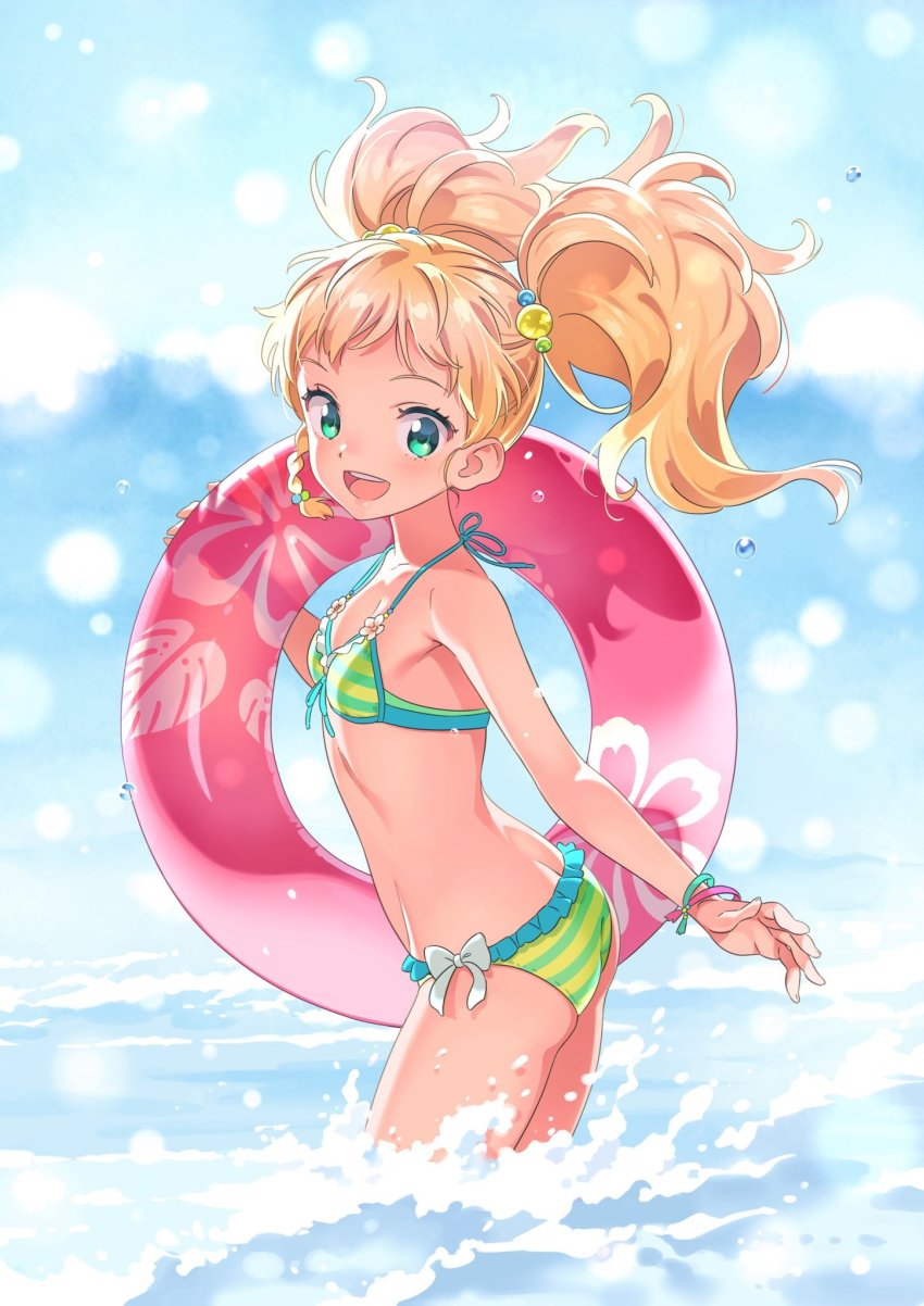 1girl, :d, aikatsu!_(series), aikatsu_stars!, ass, bikini, blonde_hair, blue_eyes, blue_sky, blurry, bokeh, bow, bow_bikini, bracelet, breasts, butt_crack, cloud, commentary_request, cowboy_shot, day, depth_of_field, flat_chest, frilled_bikini, frills, from_side, front-tie_top, green_bikini, green_eyes, hair_bobbles, hair_ornament, highres, innertube, jewelry, katoh_akatsuki, long_hair, looking_at_viewer, nikaido_yuzu, open_mouth, outdoors, sky, small_breasts, smile, solo, splashing, standing, striped_bikini, striped_clothes, swim_ring, swimsuit, twintails, upper_body, wading