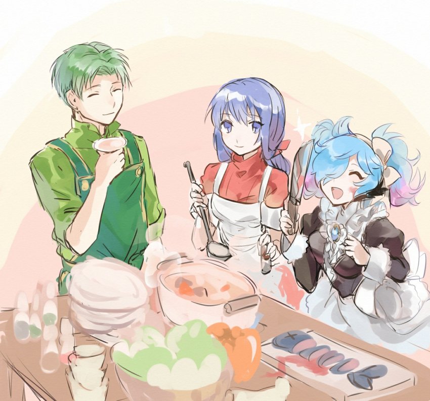 1boy, 2girls, alternate_costume, apron, blue_eyes, blue_hair, caeda_(fire_emblem), closed_mouth