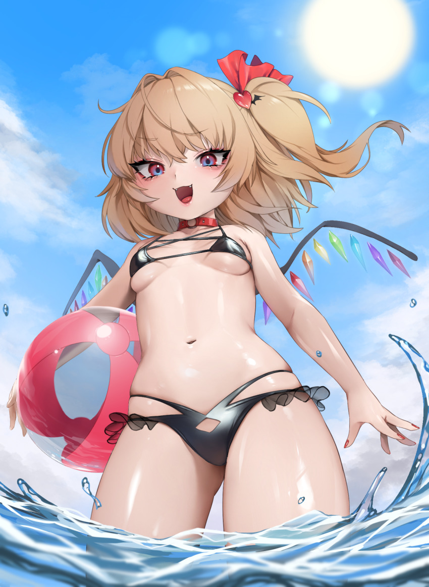 1girl, ball, bare_arms, bare_shoulders, beachball, bikini, bitaro, black_bikini