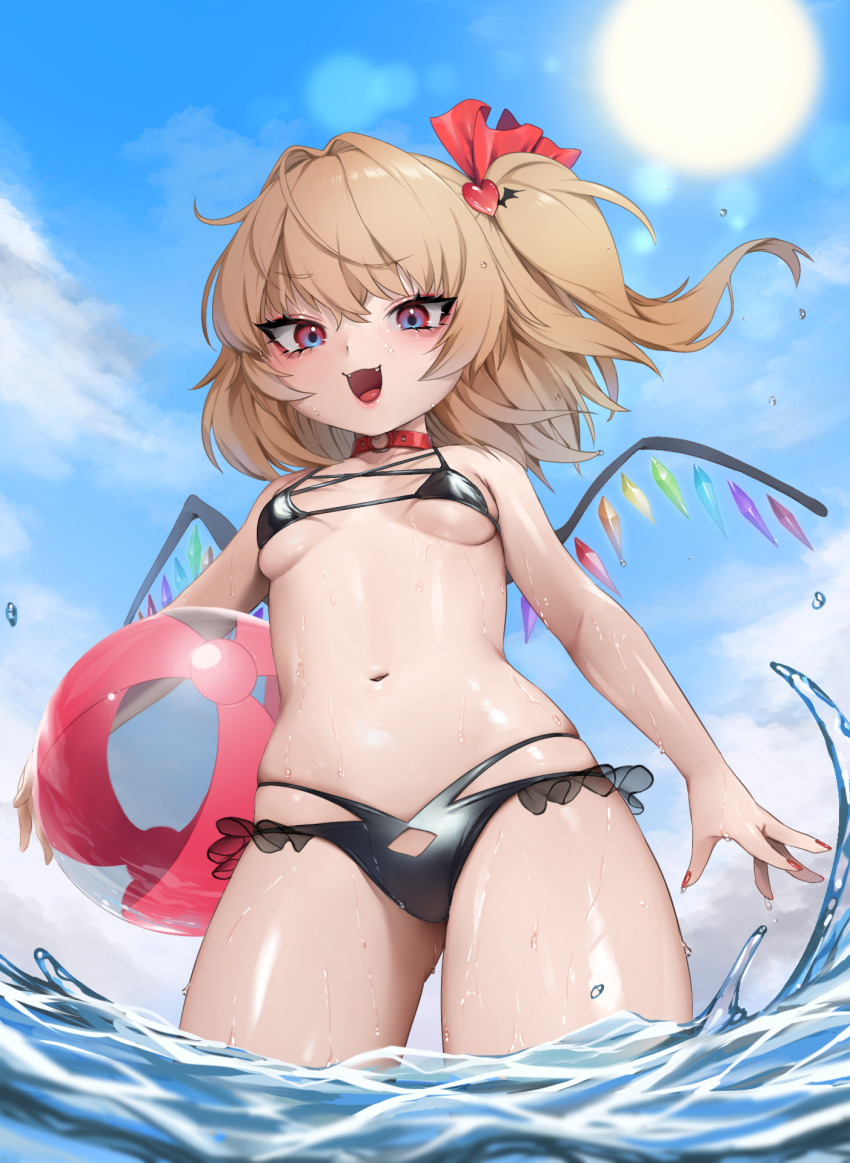 1girl, ball, bare_arms, bare_shoulders, beachball, bikini, bitaro, black_bikini