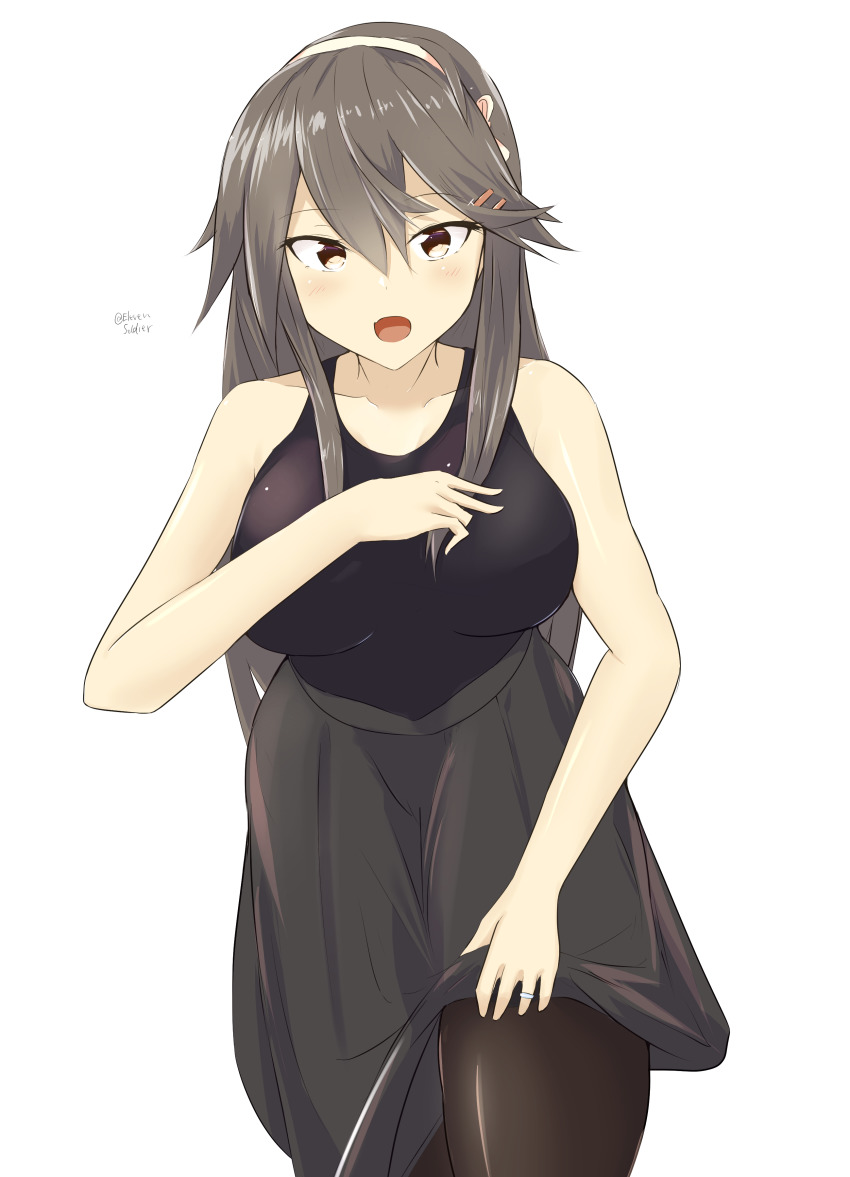 absurdres, bare_shoulders, black_pantyhose, black_shirt, breasts, brown_eyes, clothes_lift, cowboy_shot, grey_hair, grey_skirt, hair_between_eyes, hair_ornament, hairband, hairclip, hand_on_own_chest, haruna_(kancolle), highres, jewelry, kantai_collection, large_breasts, lifting_own_clothes, long_hair, long_skirt, minoa_11touhei, official_alternate_costume, pantyhose, ring, shirt, simple_background, skirt, skirt_lift, sleeveless, sleeveless_shirt, solo, tsurime, twitter_username, wedding_band, white_background, white_hairband