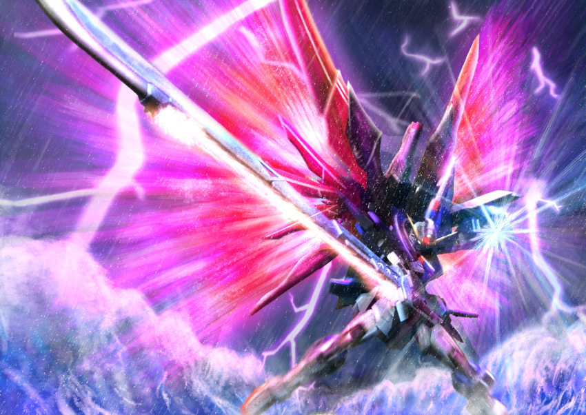 absurdres, destiny_gundam, energy_sword, energy_wings, flying, glowing, glowing_hand, green_eyes