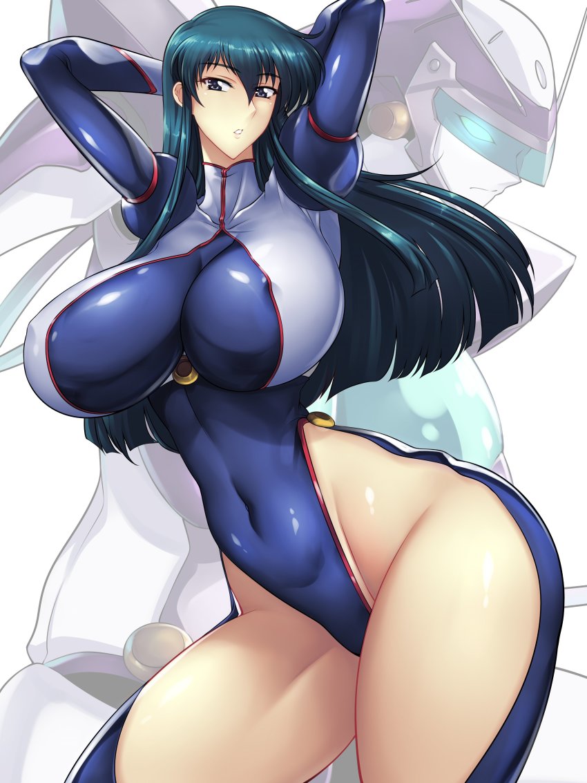 1girl, absurdres, arms_behind_head, arms_up, black_eyes, black_hair, blue_eyes, blue_hair