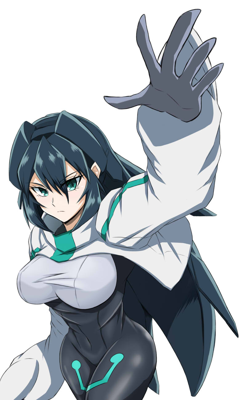 1girl, aqua_eyes, black_hair, bodysuit, breasts, from_above, gundam, gundam_build_divers, gundam_build_divers_re:rise, hand_up, highres, large_breasts, looking_up, mafuyu_tora, may_(gundam_build_divers_re:rise), open_hand, shrug_(clothing), solo, white_background
