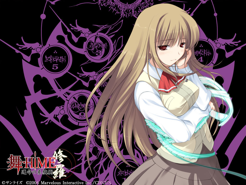 00s, 1girl, 2005, blush, brown_hair, circus_(studio), copyright_name, female_focus, fujino_shizuru, logo, long_hair, mai_hime:_the_another, my-hime, official_art, official_wallpaper, red_eyes, school_uniform, serafuku, solo, yaegashi_nan
