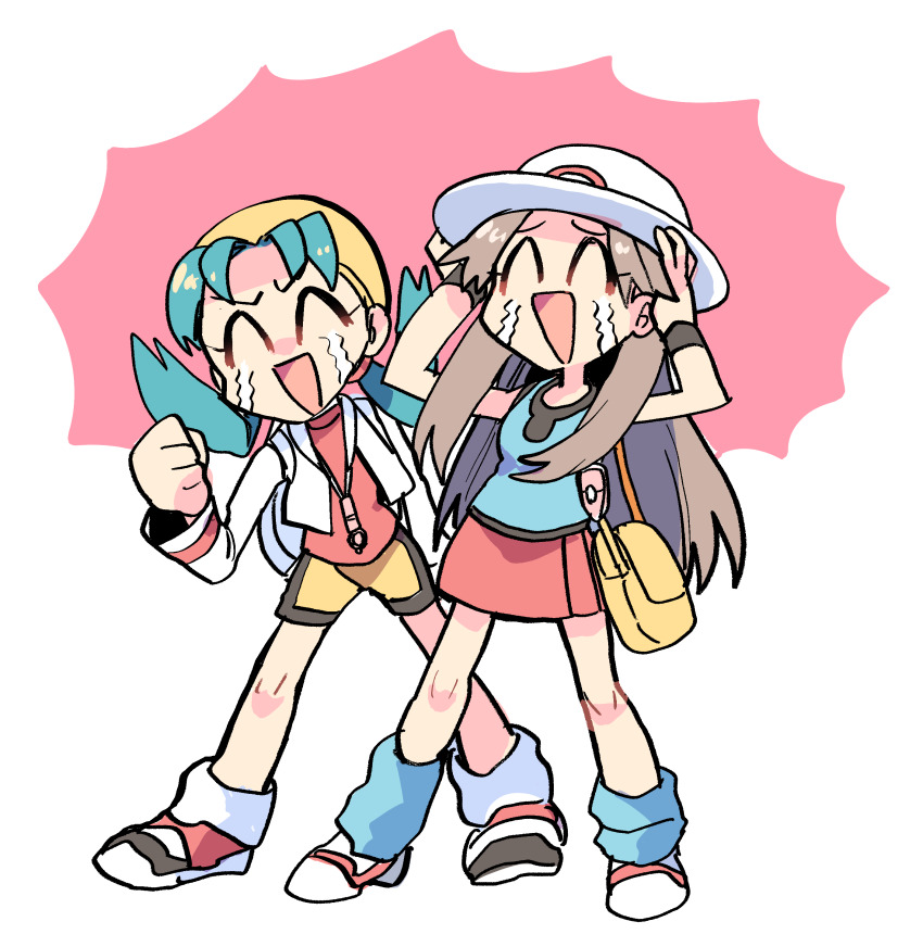 2girls, ^_^, absurdres, aqua_shirt, aqua_socks, bag, bandana, bike_shorts, blue_hair, brown_hair, clenched_hand, closed_eyes, cropped_jacket, crying, gotcha!, hands_on_own_head, hat, highres, hiziki723, jacket, kris_(pokemon), leaf_(pokemon), long_hair, loose_socks, messenger_bag, multiple_girls, nintendo, pleated_skirt, pokemon, pokemon_firered_and_leafgreen, pokemon_gold/silver/crystal, red_shorts, red_skirt, shirt, shorts, shoulder_bag, skirt, sleeveless, sleeveless_shirt, smile, socks, streaming_tears, tears, twintails, vs_seeker, white_headwear, white_jacket, wristband, yellow_bag