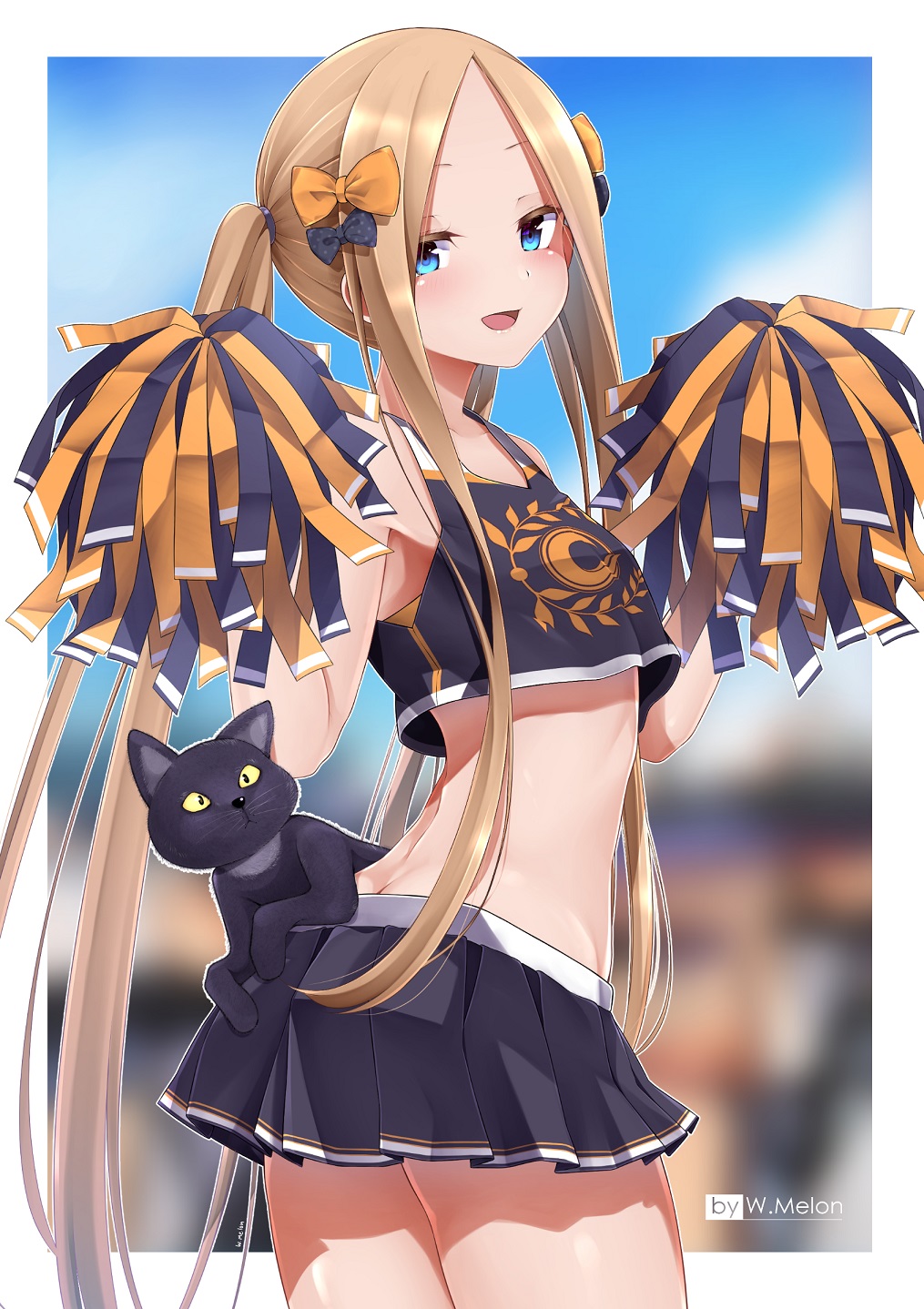 1girl, abigail_williams_(fate), alternate_costume, artist_name, black_bow, black_skirt, blonde_hair, blue_eyes, bow, butt_crack, cat, cheerleader, commentary, english_commentary, fate/grand_order, fate_(series), forehead, hair_bow, hands_up, highres, long_hair, looking_at_viewer, midriff, multiple_hair_bows, open_mouth, orange_bow, polka_dot, polka_dot_bow, pom_pom_(cheerleading), skirt, smile, solo, thighs, twintails, unlock-creed, very_long_hair