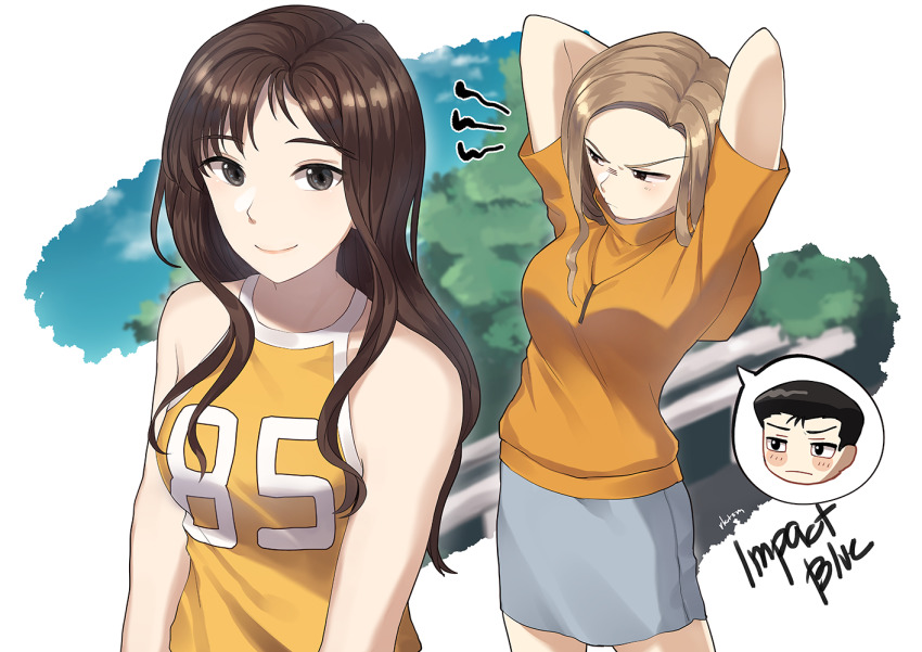 2girls, annoyed, arms_behind_head, arms_up, black_hair, blonde_hair, blush, blush_stickers