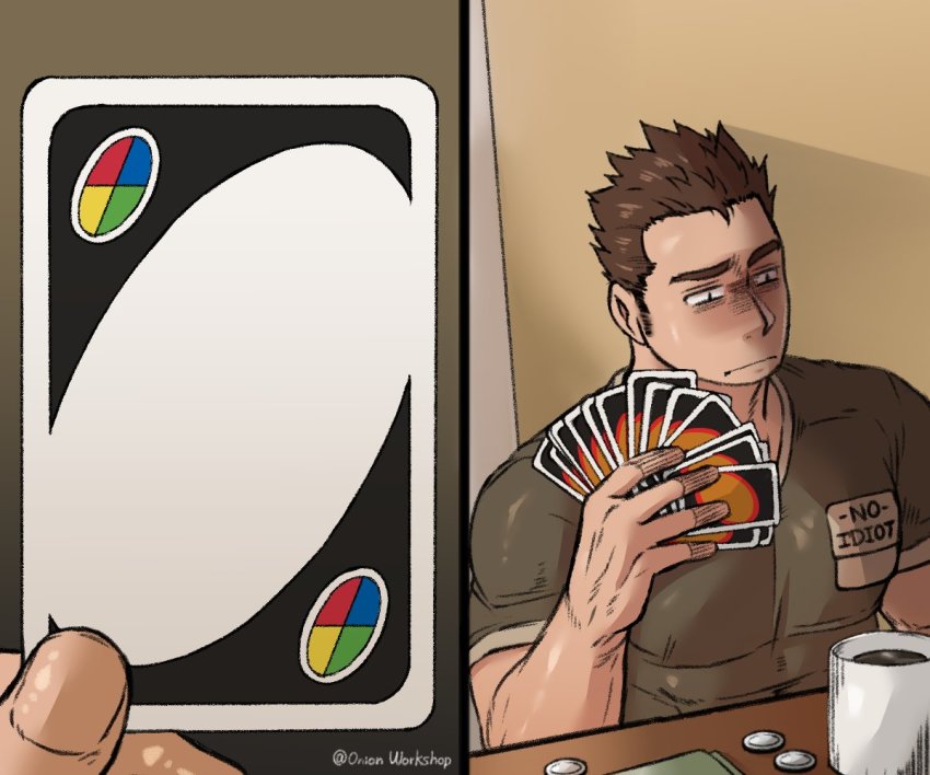1boy, bara, brown_hair, card, card_(medium), coin, cup, draw_25_(meme)