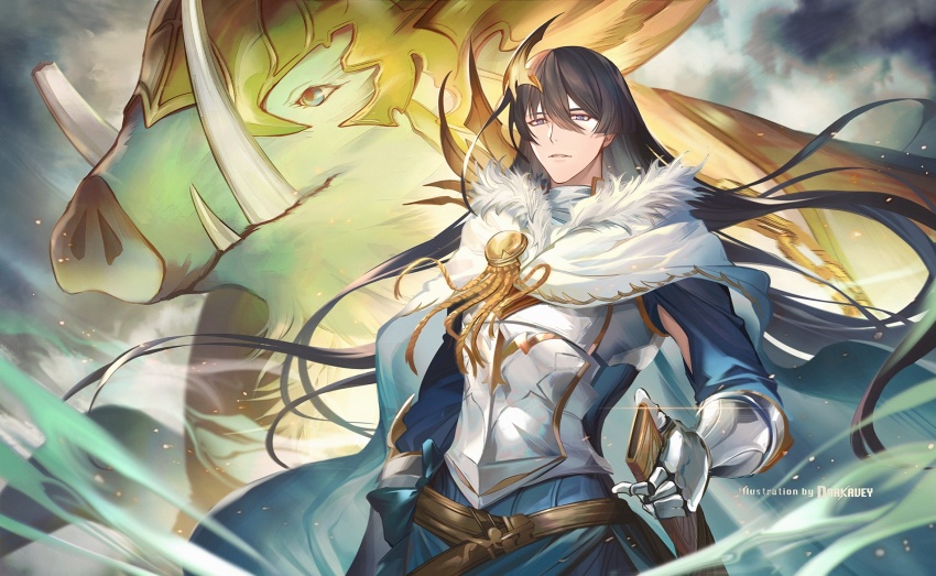 1boy, armor, artist_name, bishounen, blue_eyes, boar, brown_hair, cape, cowboy_shot, creature, darkavey, fangs, freyr_(granblue_fantasy), fur-trimmed_cape, fur_collar, fur_trim, gauntlets, granblue_fantasy, hair_between_eyes, highres, long_hair, long_sleeves, looking_at_viewer, male_focus, sheath, signature, solo, standing, tagme, very_long_hair