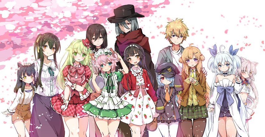 2boys, 6+girls, absurdres, ahoge, animal_ear_fluff, animal_ears, black_hair, black_legwear, blonde_hair, blue_eyes, blue_hair, brown_eyes, cat_ears, character_request, dress, eyes_visible_through_hair, fuyutsuki_tooya, gloves, green_eyes, green_hair, grey_hair, hair_between_eyes, hair_over_one_eye, hair_ribbon, harigane_shinshi, hat, highres, hiiragi_haru, huge_filesize, kuro_(sakura_moyu), long_hair, long_sleeves, looking_at_viewer, maid_headdress, mashiro_(sakura_moyu), midriff, mini_hat, multiple_boys, multiple_girls, navel, necktie, pantyhose, pink_hair, pleated_skirt, purple_eyes, red_eyes, ribbon, sakura_moyu, short_hair, skirt, sleeves_past_wrists, sweater, tail, white_gloves, white_hair, white_legwear, yellow_eyes