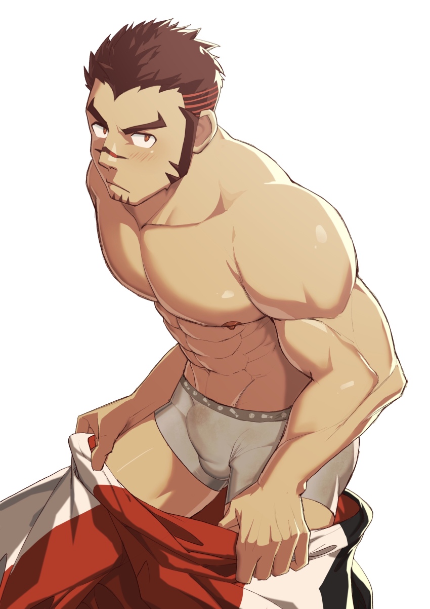 1boy, absurdres, akashi_(live_a_hero), bara, blush, bodysuit, boxers, bulge, facial_hair, feet_out_of_frame, gradient_hair, highres, live_a_hero, long_sideburns, male_focus, male_underwear, multicolored_hair, muscular, pectorals, red_bodysuit, red_eyes, red_hair, short_hair, sideburns, solo, thick_eyebrows, thighs, topless_male, underwear, undressing, white_background, zhuganchangjiadan