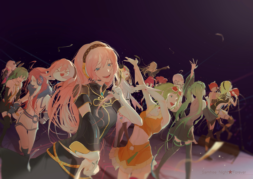 >_<, 1boy, 6+girls, :d, absurdres, ahoge, animal_ears, aqua_nails, armband, bare_shoulders, belt, black_background, black_jacket, black_legwear, black_shirt, black_shorts, black_skirt, black_sleeves, blonde_hair, blue_gloves, blurry, blurry_background, braid, criss-cross_halter, crop_top, crown, detached_sleeves, dress, earmuffs, frilled_skirt, frills, galaco, galaco_(neo), gloves, gold_trim, green_eyes, green_hair, grey_shirt, gumi, hair_ornament, hairband, halterneck, hatsune_miku, headphones, headset, helmet, high_collar, highres, holding, holding_microphone, ia_(vocaloid), index_finger_raised, jacket, kasane_teto, kasane_teto_(utau), layered_skirt, lily_(vocaloid), long_hair, long_skirt, looking_at_viewer, luka_luka_night_fever_(vocaloid), megu_megu_fire_endless_night_(vocaloid), megurine_luka, mi8uuuuk, microphone, midriff, miniskirt, mitani_nana, multicolored_hair, multiple_girls, music, nail_polish, necktie, nekomura_iroha, octopus, open_mouth, orange_shirt, orange_skirt, pink_hair, pink_skirt, platinum_blonde_hair, pleated_skirt, purple_dress, purple_eyes, purple_hair, rabbit_ears, red_goggles, sano_takayuki_(samfree), sf-a2_miki, shirt, shorts, singing, single_detached_sleeve, skirt, sleeveless, sleeveless_shirt, smile, songover, standing, star_(symbol), star_print, streaked_hair, takoluka, tears, tentacle_hair, tentacles, thigh_strap, thighhighs, twintails, utatane_piko, utau, very_long_hair, vocaloid, waving, white_hair, white_shirt, yellow_neckwear, yuzuki_yukari, zettai_ryouiki