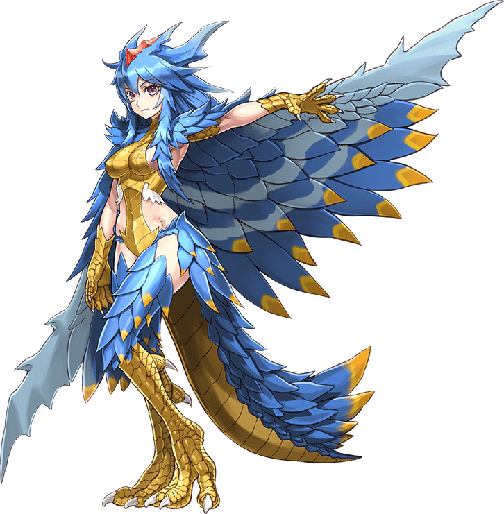 1girl, bird_girl, bird_tail, blue_feathers, blue_hair, breasts, claws, crystal, dengeki_g's, feathers, gloves, horns, leotard, long_hair, looking_at_viewer, maga_basser, medium_breasts, monster_girl, personification, purple_eyes, standing, tail, takayamt031127, talons, transparent_background, ultra_kaijuu_gijinka_keikaku, ultra_series, ultraman_orb_(series), wings, yellow_gloves, yellow_leotard