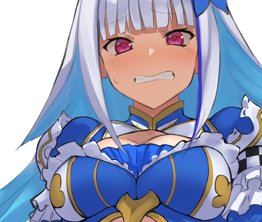 1girl, blue_dress, blue_hair, blunt_bangs, blush, breasts, cleavage, clenched_teeth, colored_inner_hair, dress, embarrassed, light_blue_hair, lize_helesta, lize_helesta_(valkyrie_hero), long_hair, looking_at_viewer, medium_breasts, multicolored_hair, nijisanji, nuezou, purple_eyes, silver_hair, simple_background, solo, streaked_hair, sweatdrop, tears, teeth, thighhighs, upper_body, virtual_youtuber, white_background