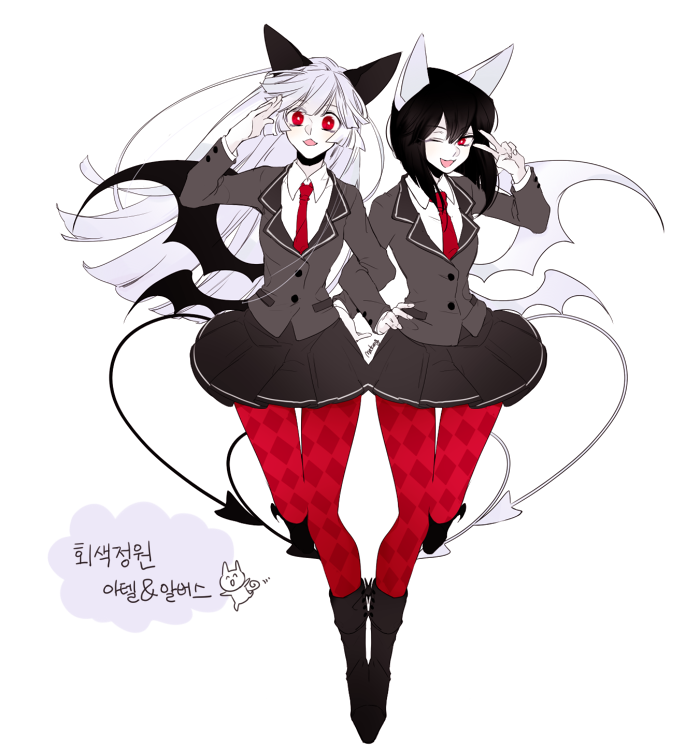 2girls, :3, animal_ears, arbus_(funamusea), ater_(funamusea), black_hair, boots, cat_ears, demon_tail, demon_wings, formal_clothes, funamusea, haiiro_teien, hand_on_own_hip, korean_text, long_hair, long_sleeves, looking_at_viewer, matang23, multiple_girls, multiple_tails, necktie, one_eye_closed, pale_skin, red_legwear, shirt, short_hair, siblings, sisters, skirt, suit, tail, twins, two_tails, white_hair, wings