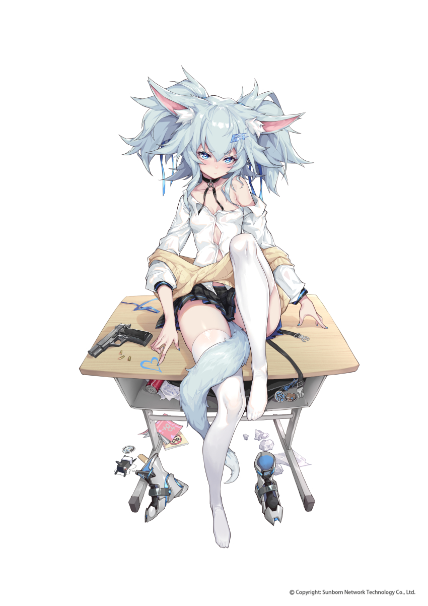 1girl, absurdres, animal_ear_fluff, animal_ears, beige_vest, between_legs, black_skirt, blue_eyes, blue_hair, blush, boots, breasts, buckle, cardigan_vest, choker, closed_mouth, collared_shirt, damaged, desk, dinergate_(girls'_frontline), fox_ears, fox_tail, full_body, girls'_frontline, gun, hair_between_eyes, hair_ornament, handgun, heart, heart-shaped_pupils, highres, looking_at_viewer, mab_pa-15, messy_hair, nail_polish, off_shoulder, official_alternate_costume, official_art, pa-15_(girls'_frontline), pa-15_(high_school_thrills)_(girls'_frontline), pistol, plaid_clothes, plaid_skirt, school_uniform, shanyao_jiang_tororo, shirt, shoes, sidelocks, sitting, skindentation, skirt, small_breasts, snap-fit_buckle, solo, symbol-shaped_pupils, tail, tail_between_legs, thighhighs, twintails, untucked_shirt, unworn_boots, unworn_shoes, vest, weapon, white_shirt, white_thighhighs, yellow_vest