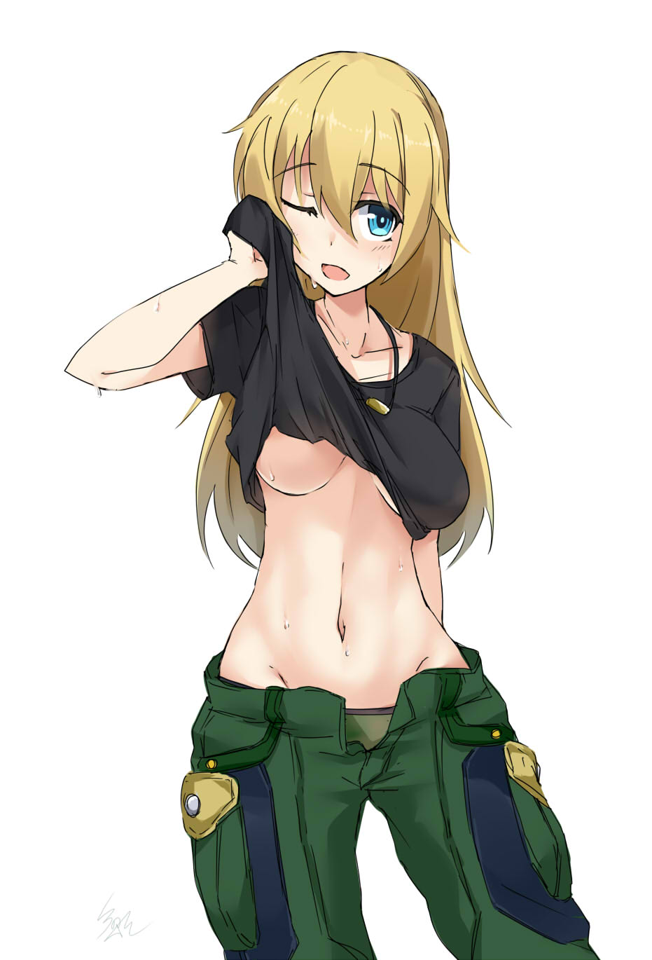 1girl, alice_gear_aegis, arm_behind_back, artist_name, black_shirt, blonde_hair, blue_eyes, breasts