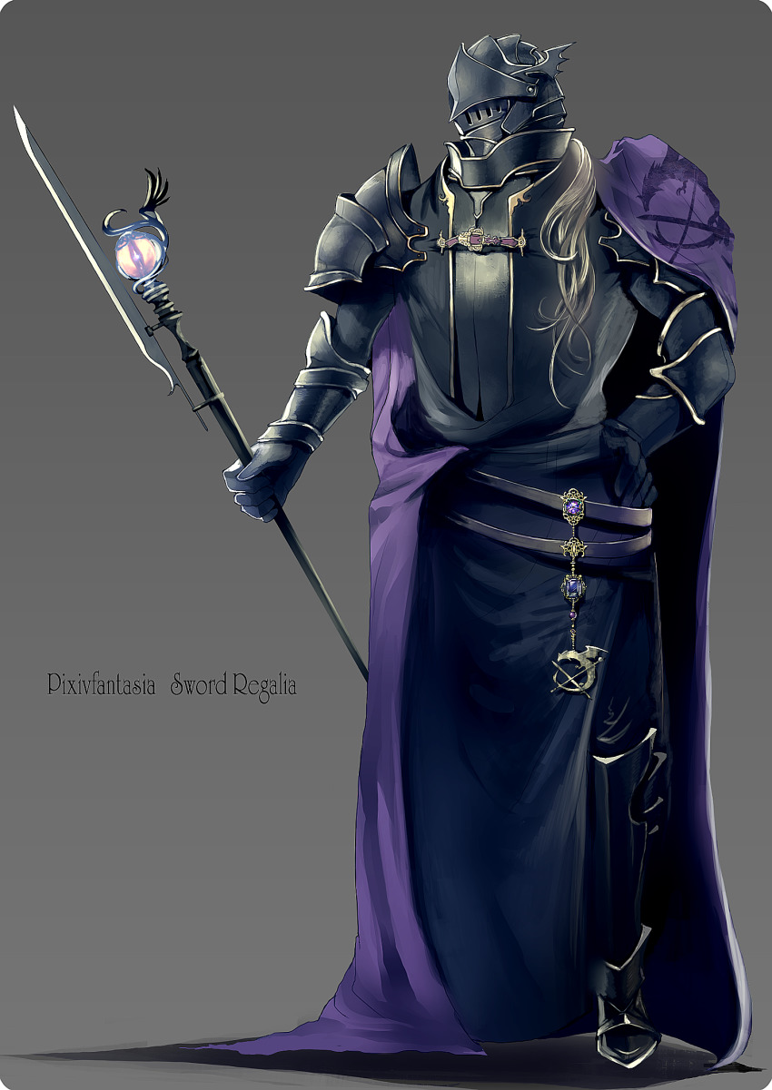 armor, bertolucci_(pixiv_fantasia), black_armor, black_gloves, cape, copyright_name, full_body, gem