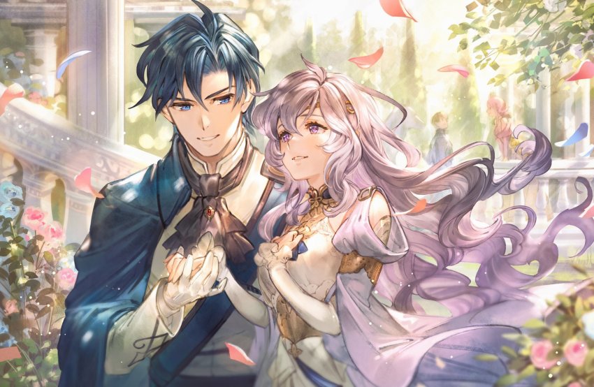 2boys, 2girls, blue_eyes, blue_hair, bomssp, brown_hair, deirdre_(fire_emblem), deirdre_(masquerade)_(fire_emblem), dress, ethlyn_(fire_emblem), ethlyn_(masquerade)_(fire_emblem), fire_emblem, fire_emblem:_genealogy_of_the_holy_war, fire_emblem_heroes, flower, from_side, highres, holding_hands, husband_and_wife, long_hair, long_sleeves, multiple_boys, multiple_girls, nintendo, parted_lips, petals, pink_hair, purple_eyes, purple_hair, quan_(fire_emblem), quan_(masquerade)_(fire_emblem), short_hair, sigurd_(fire_emblem), sigurd_(masquerade)_(fire_emblem)