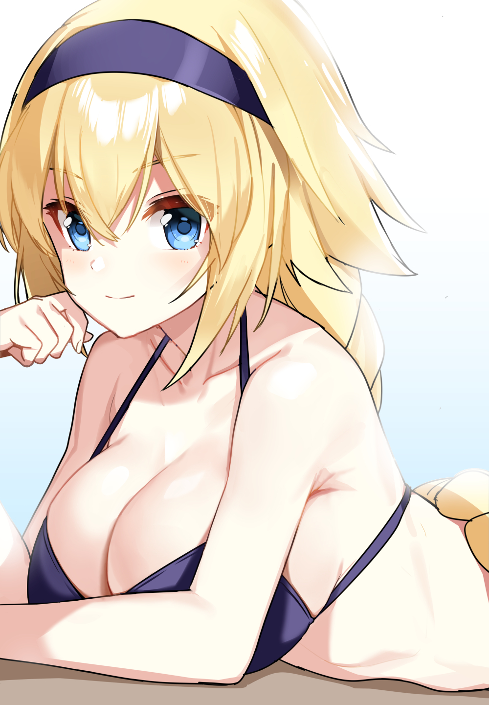 1girl, bikini, blonde_hair, blue_eyes, blush, braid, breasts, ebi_bento