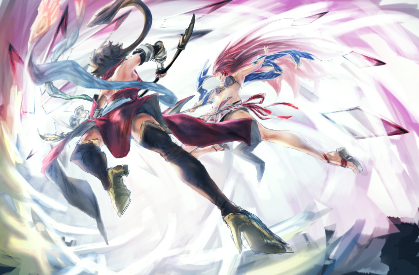 2girls, absurdres, armor, bikini, black_hair, black_legwear, breasts, clothes_lift