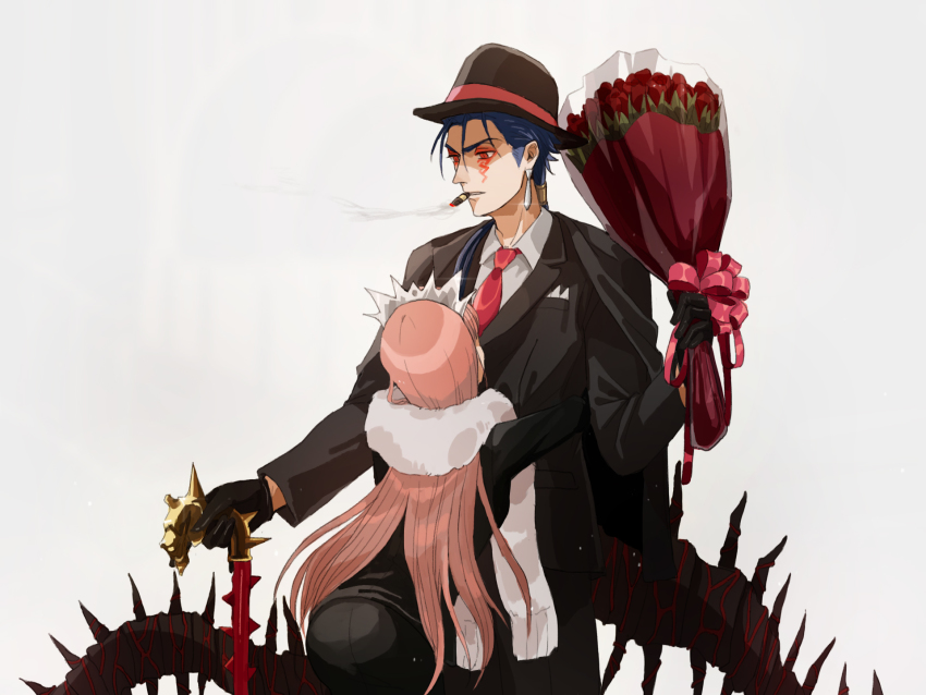 1boy, 1girl, alternate_costume, blue_hair, bodypaint, bouquet, cane, cigar