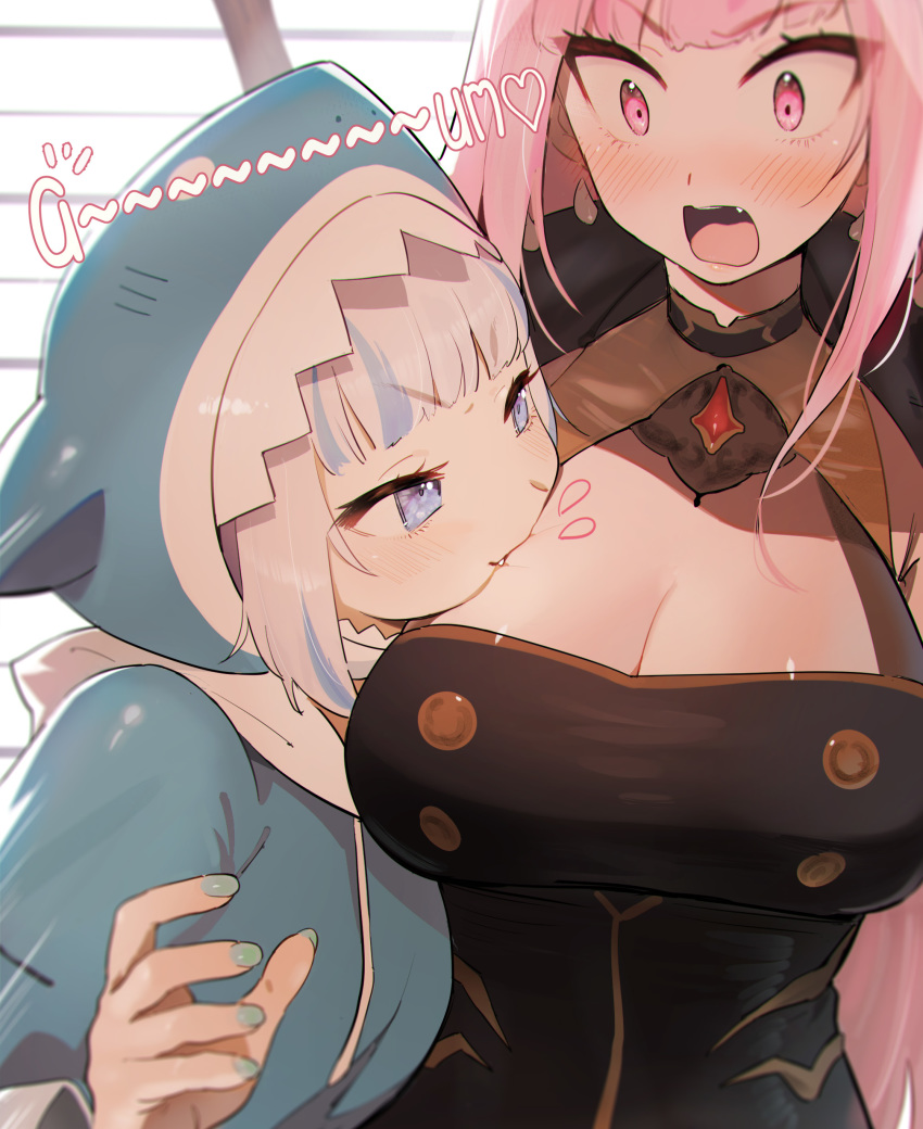 2girls, a_(phrase), absurdres, animal_hood, biting, black_dress, blue_eyes, blue_hair, blue_hoodie, blunt_bangs, blush, breast_biting, breasts, cleavage, dress, earrings, fang, gawr_gura, gawr_gura_(1st_costume), heart, highres, hololive, hololive_english, hood, hoodie, jewelry, large_breasts, long_hair, long_sleeves, mori_calliope, mori_calliope_(1st_costume), multicolored_hair, multiple_girls, open_mouth, pink_eyes, pink_hair, sapysha, shark_girl, shark_hood, streaked_hair, surprised, upper_body, virtual_youtuber, white_hair, yuri